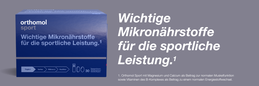 Text: Wichtige Mikronährstoffe für die sportliche Leistung. Orthomol Sport perform.